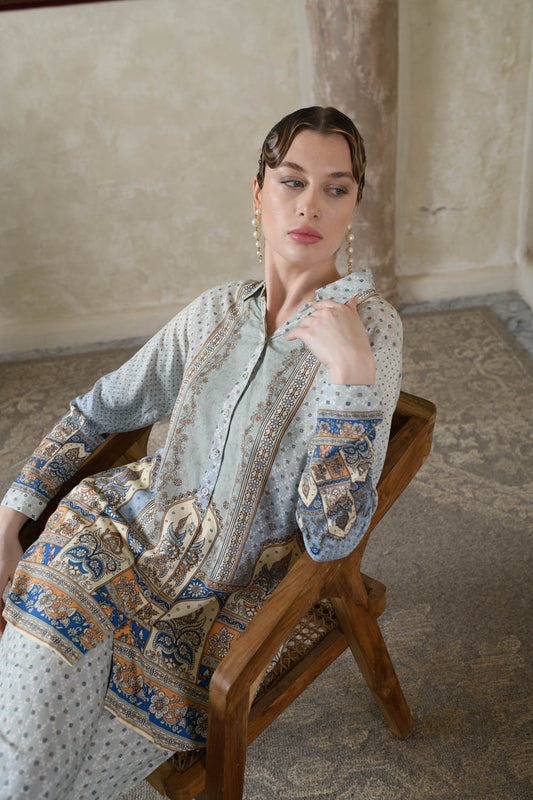 THE BARI Ethnic Motifs Printed Shirt Collar Kurta With Trousers