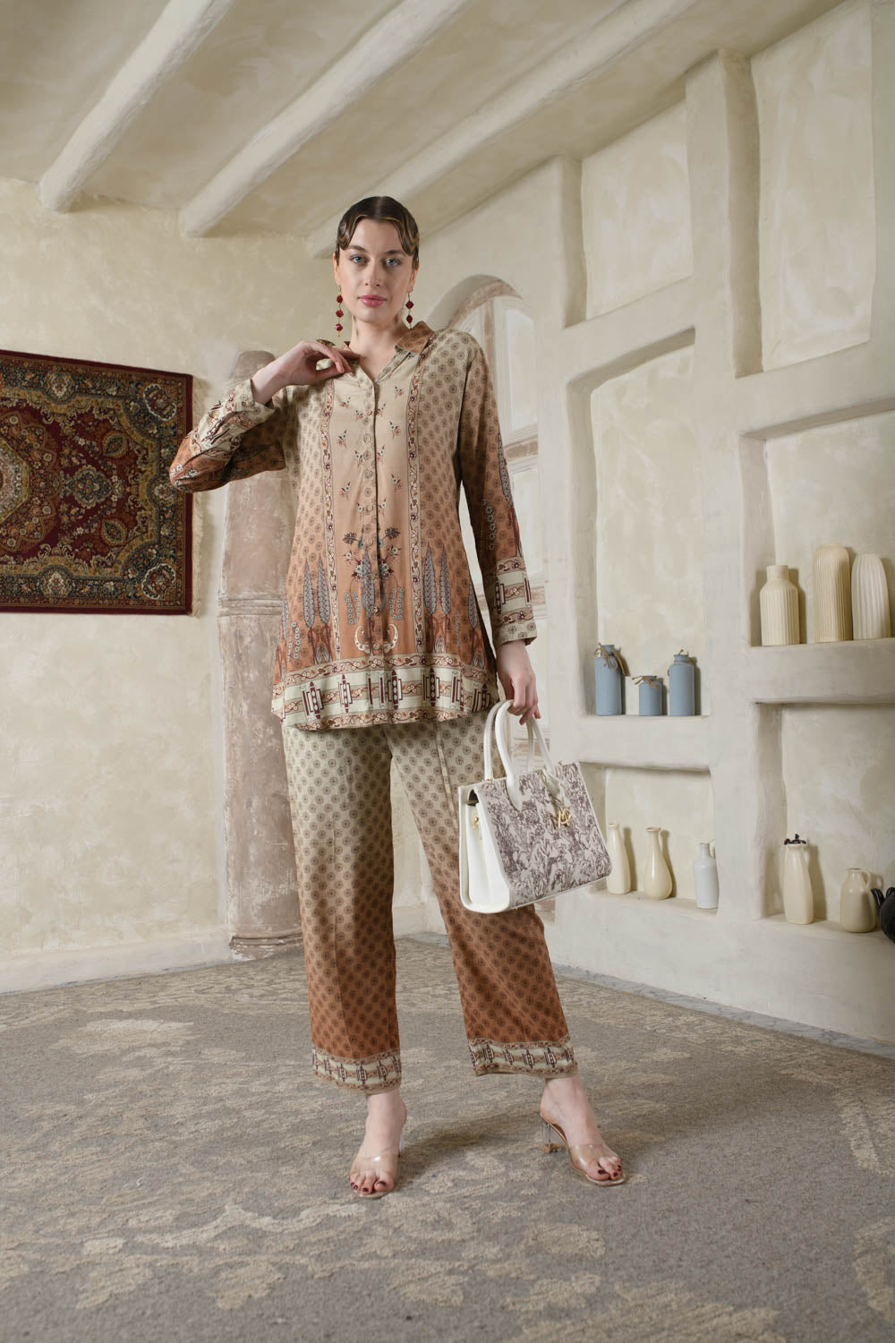 THE BARI Ethnic Motifs Printed Shirt Collar Kurta With Trousers
