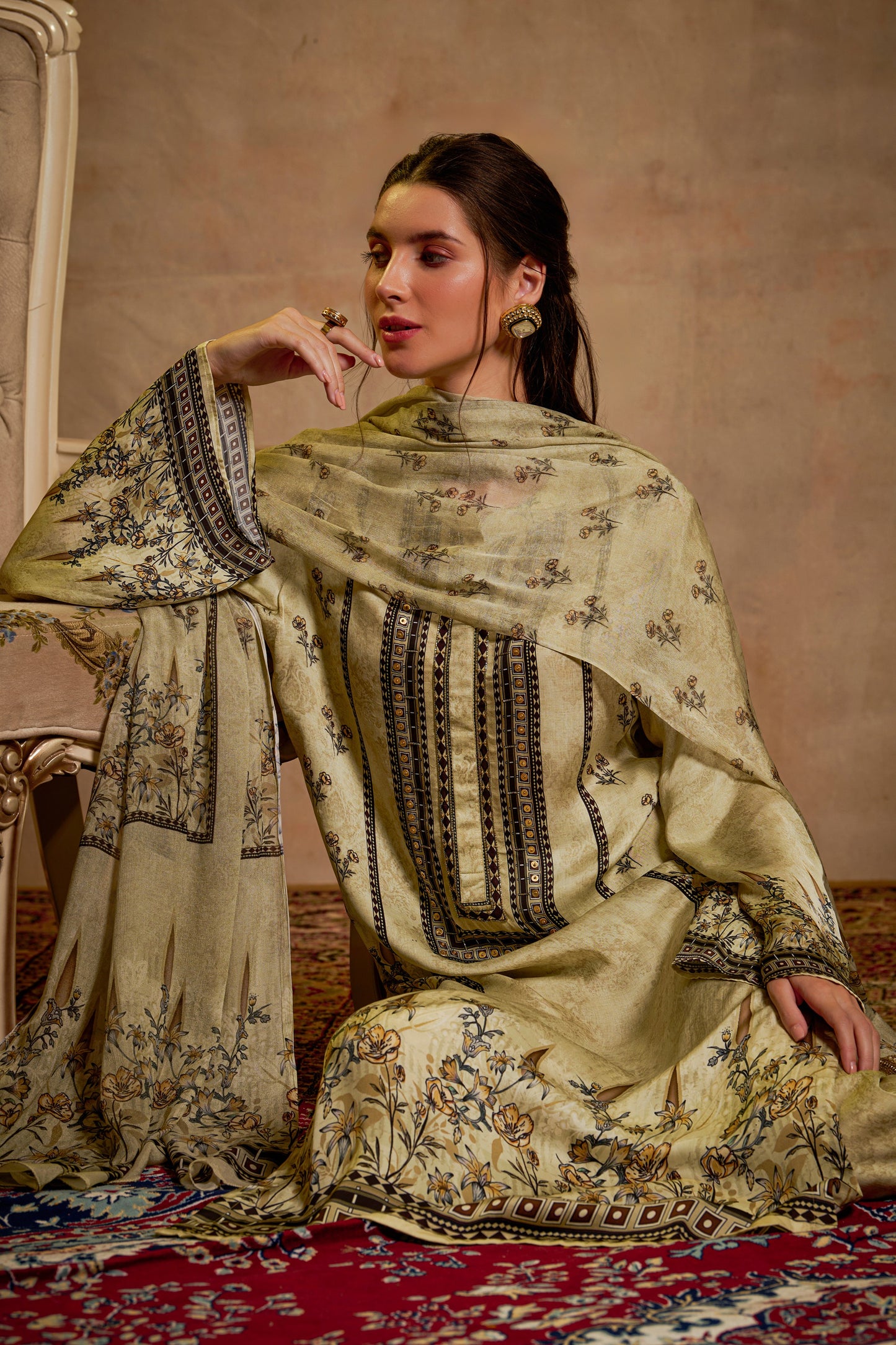 THE BARI Floral Printed Round Neck Straight Kurta With Trouser & Dupatta
