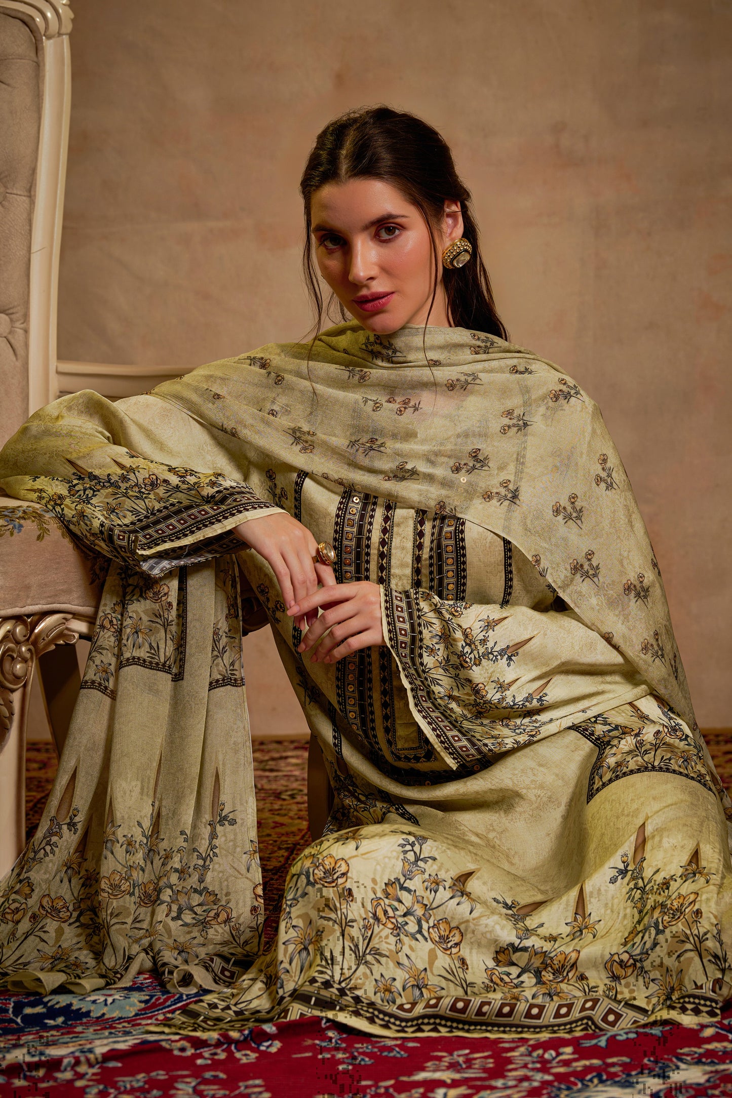 THE BARI Floral Printed Round Neck Straight Kurta With Trouser & Dupatta
