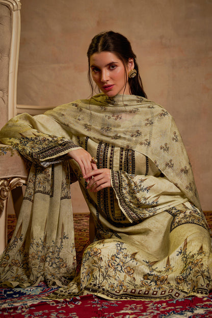 THE BARI Floral Printed Round Neck Straight Kurta With Trouser & Dupatta
