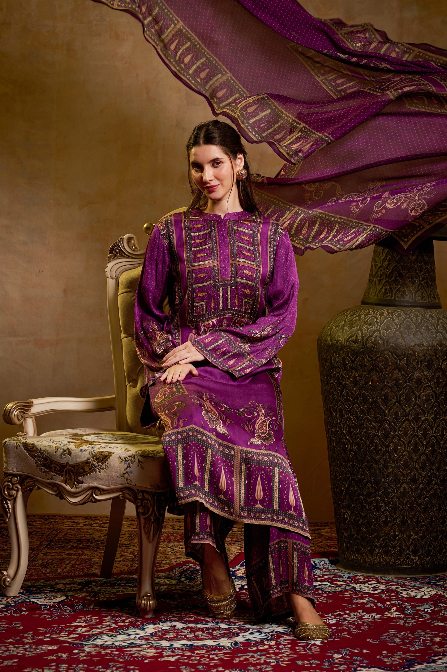 THE BARI Floral Printed Round Neck Straight Kurta with trouser and dupatta