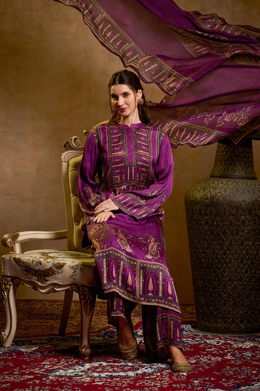 THE BARI Floral Printed Round Neck Straight Kurta with trouser and dupatta