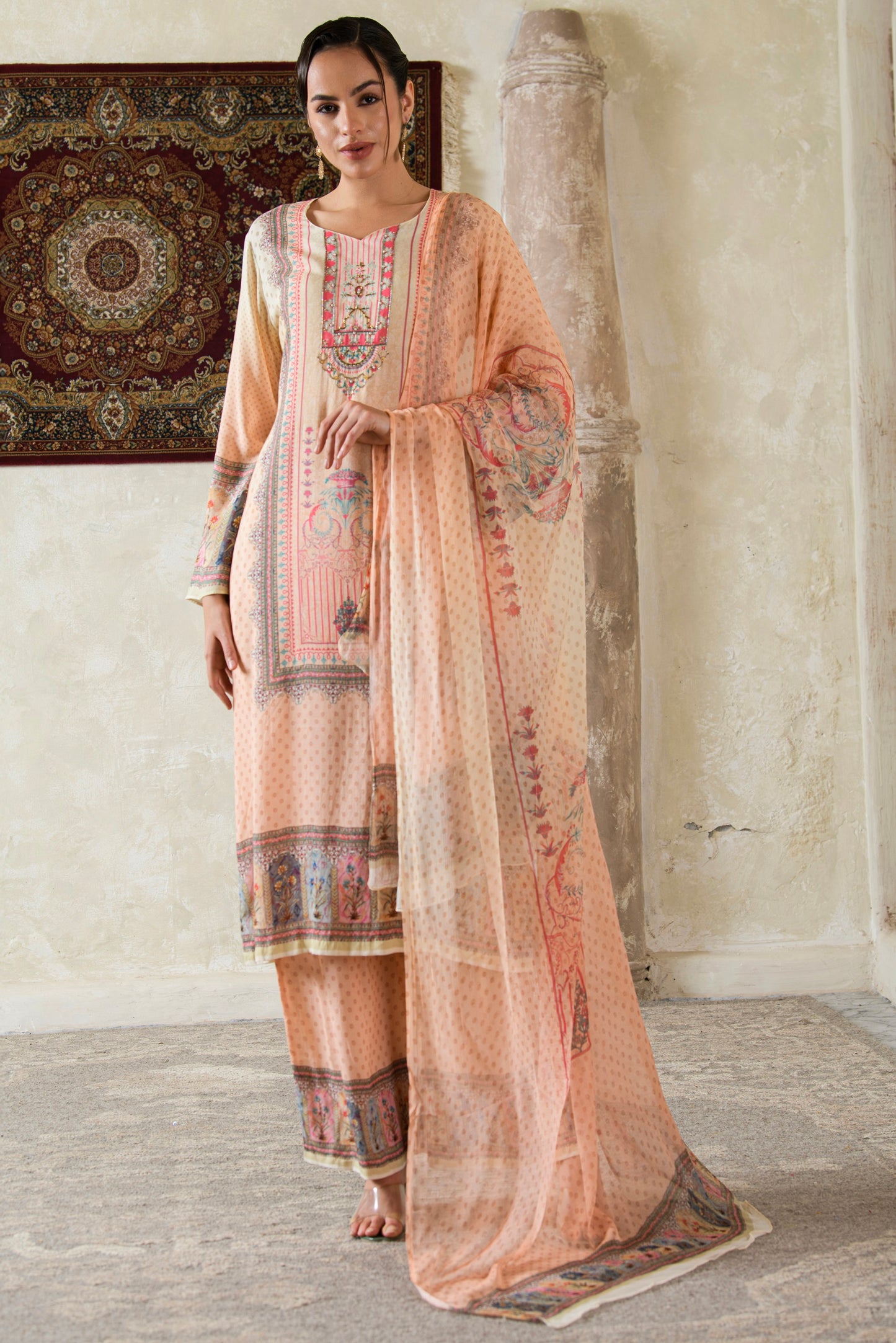 THE BARI Women Ethnic Motifs Printed Silk Kurta with Trousers & Dupatta