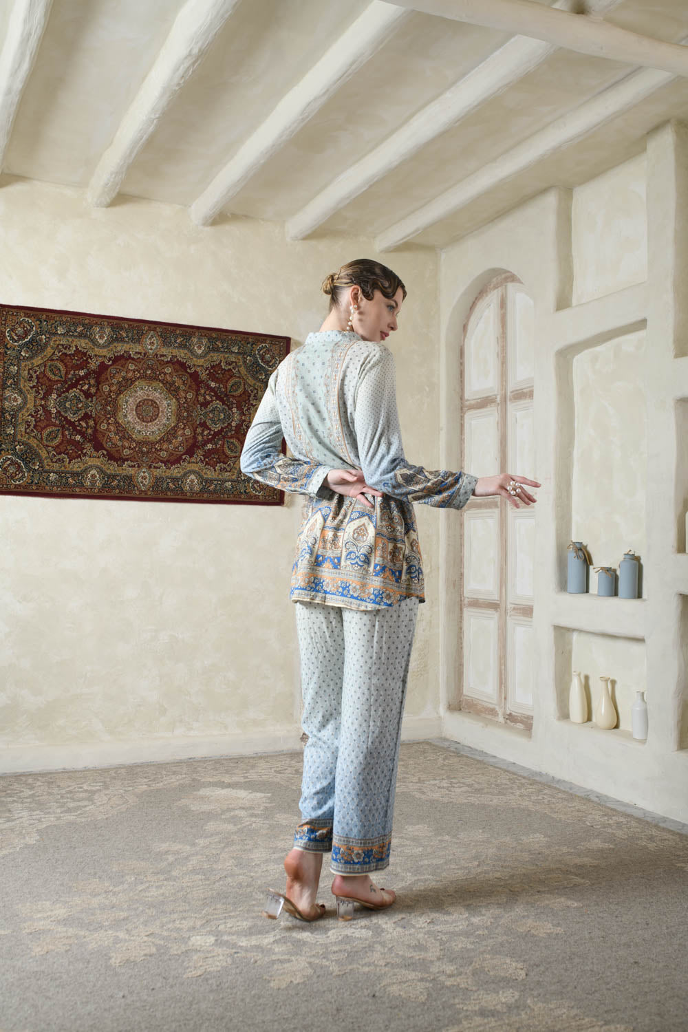 THE BARI Ethnic Motifs Printed Shirt Collar Kurta With Trousers