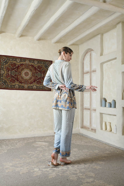 THE BARI Ethnic Motifs Printed Shirt Collar Kurta With Trousers