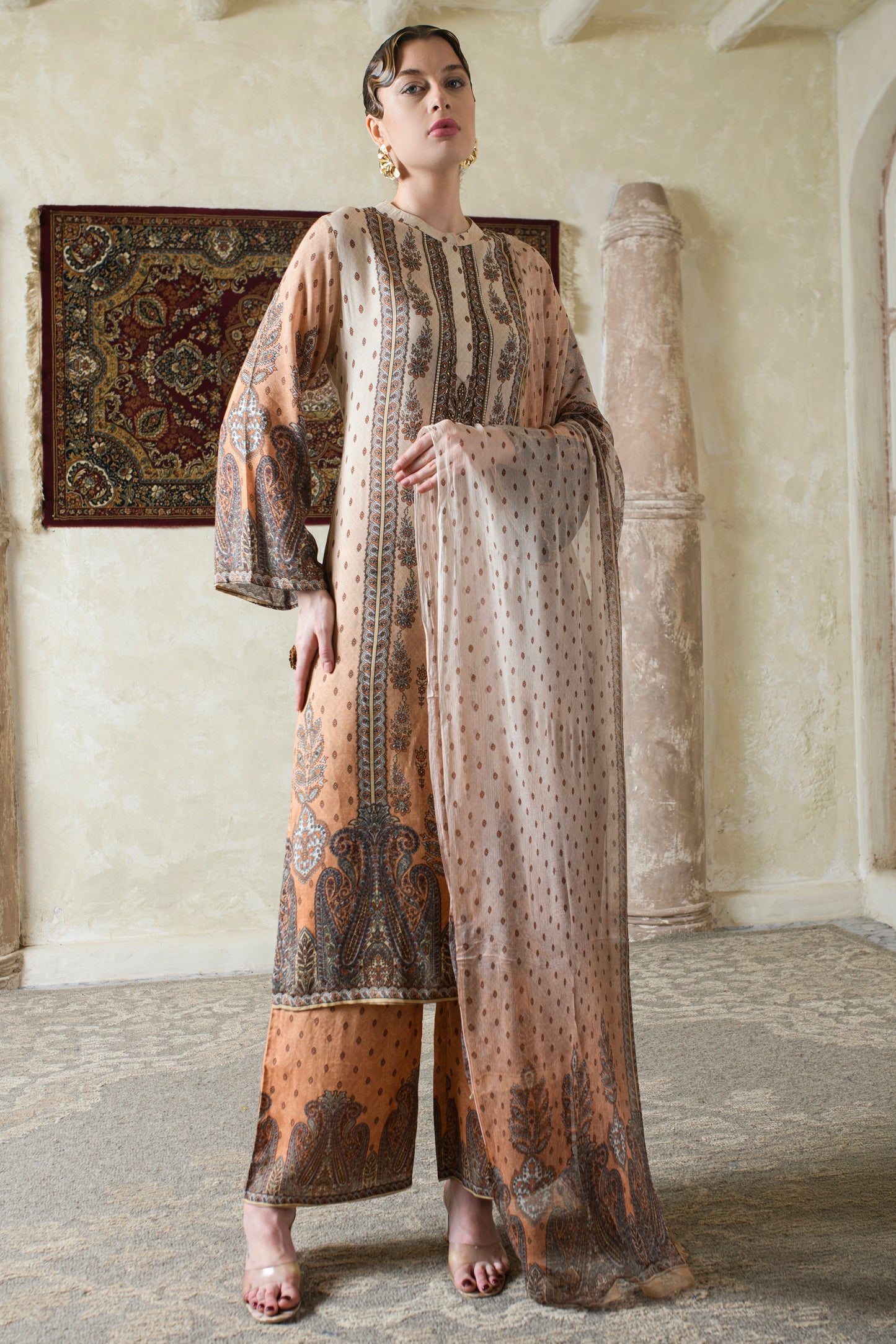 THE BARI Ethnic Motifs Printed Pure Silk Straight Kurta With Trousers & Dupatta