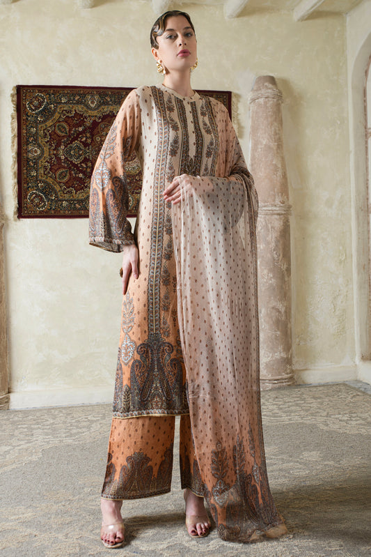 THE BARI Ethnic Motifs Printed Pure Silk Straight Kurta With Trousers & Dupatta