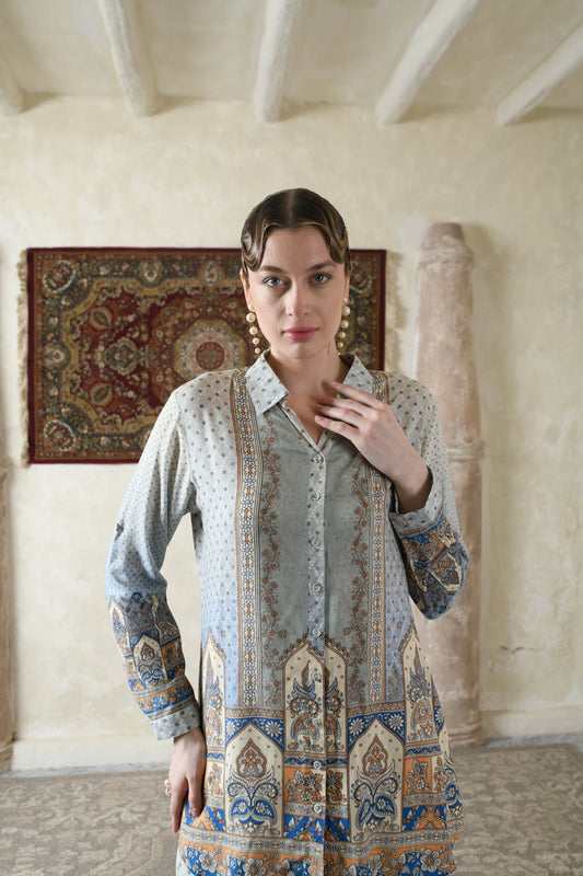THE BARI Ethnic Motifs Printed Shirt Collar Kurta With Trousers