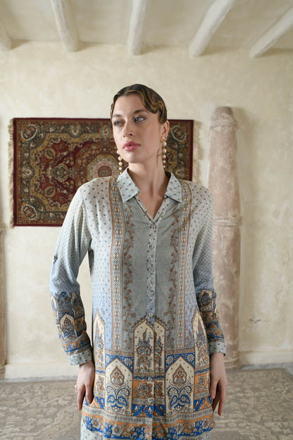 THE BARI Ethnic Motifs Printed Shirt Collar Kurta With Trousers
