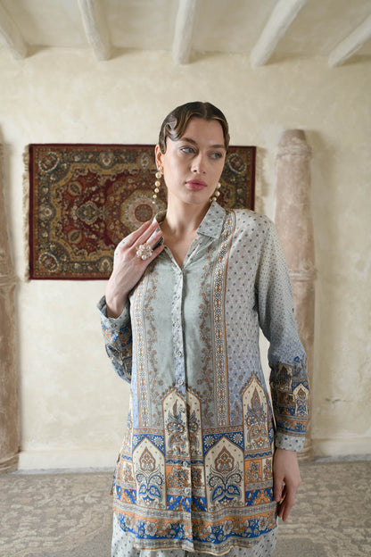 THE BARI Ethnic Motifs Printed Shirt Collar Kurta With Trousers