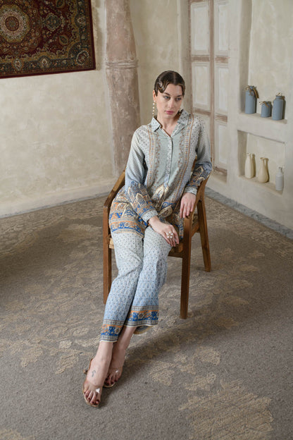 THE BARI Ethnic Motifs Printed Shirt Collar Kurta With Trousers