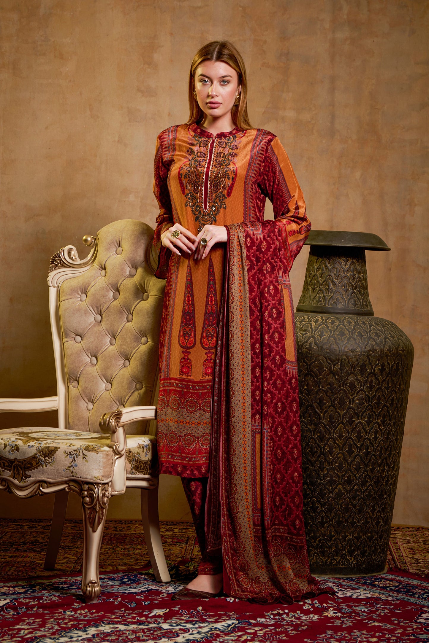 THE BARI Floral Printed Straight Kurta With Trousers & Dupatta