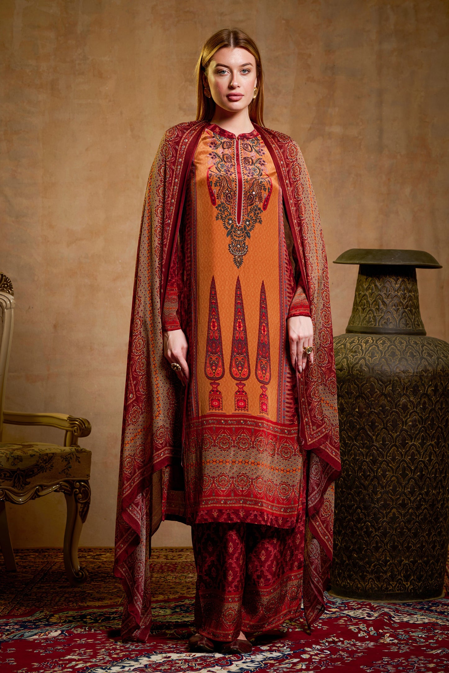 THE BARI Floral Printed Straight Kurta With Trousers & Dupatta