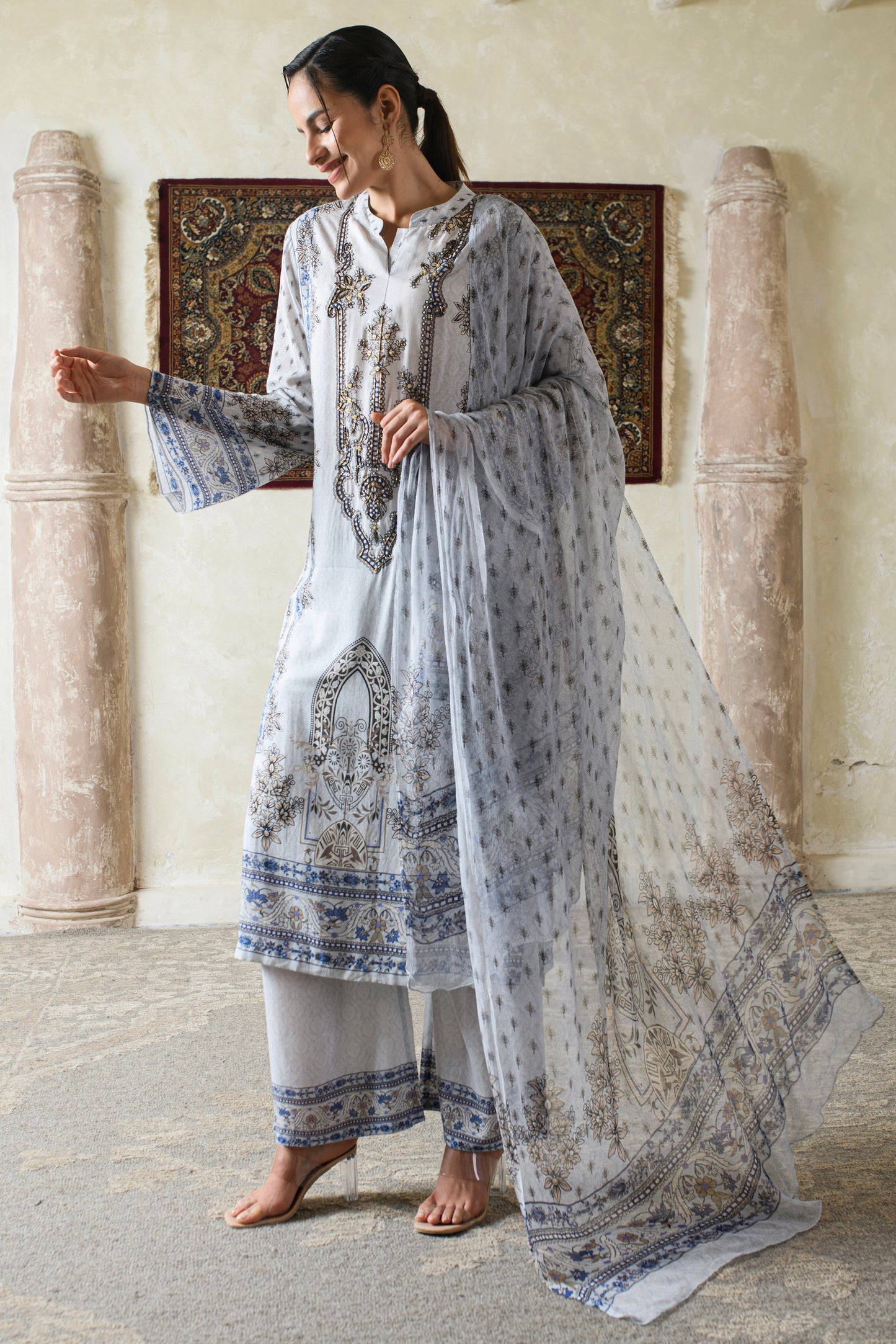 THE BARI Ethnic Motifs Printed Pure Silk Straight Kurta With Trousers & Dupatta