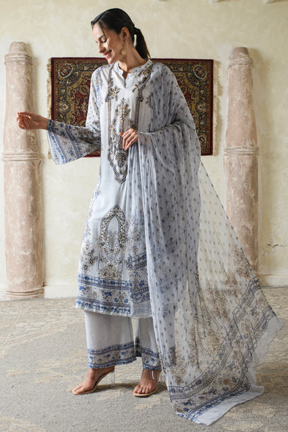 THE BARI Ethnic Motifs Printed Pure Silk Straight Kurta With Trousers & Dupatta