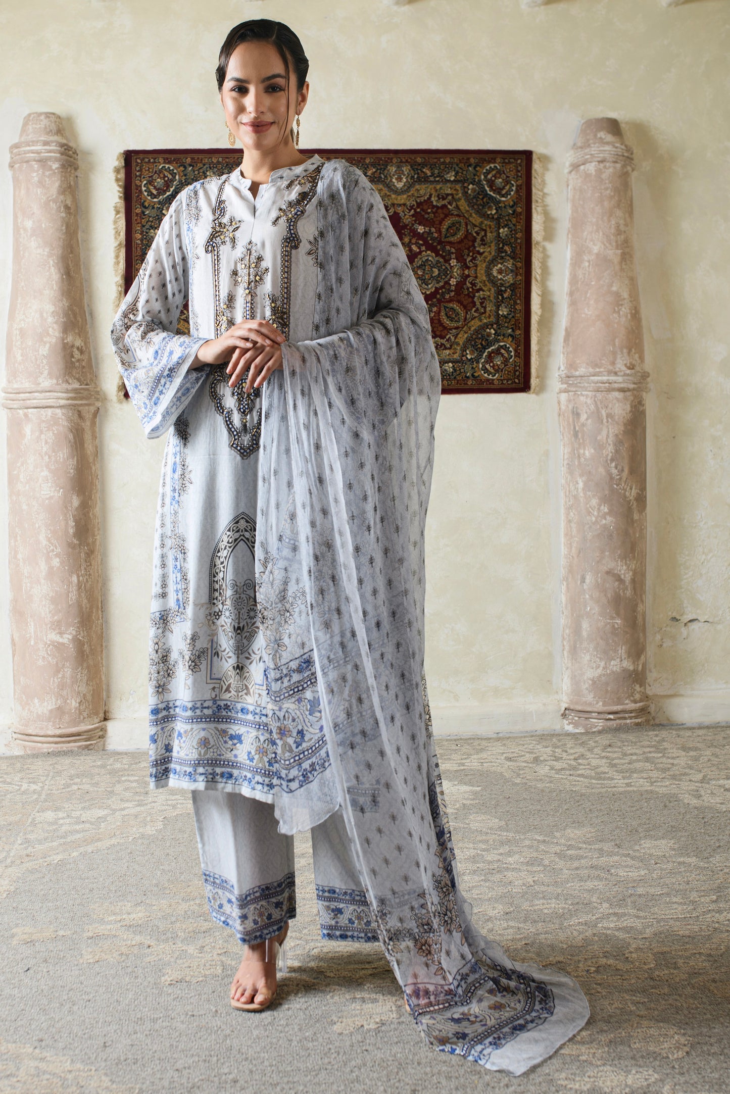 THE BARI Ethnic Motifs Printed Pure Silk Straight Kurta With Trousers & Dupatta