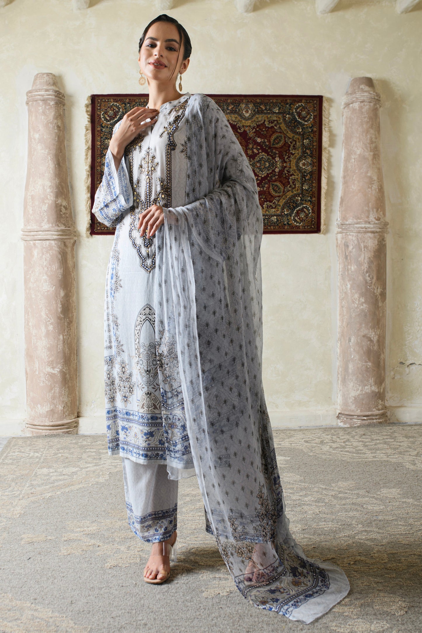 THE BARI Ethnic Motifs Printed Pure Silk Straight Kurta With Trousers & Dupatta