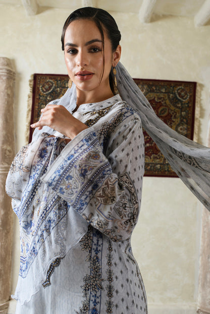 THE BARI Ethnic Motifs Printed Pure Silk Straight Kurta With Trousers & Dupatta