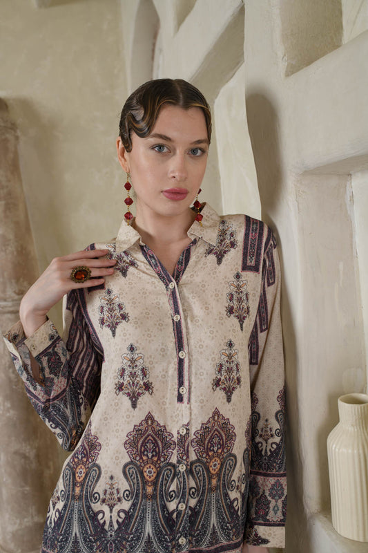 THE BARI Ethnic Motifs Printed Shirt Collar Kurta With Trousers