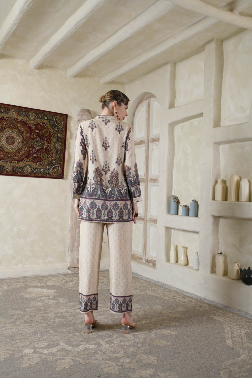 THE BARI Ethnic Motifs Printed Shirt Collar Kurta With Trousers