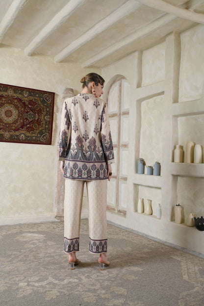 THE BARI Ethnic Motifs Printed Shirt Collar Kurta With Trousers