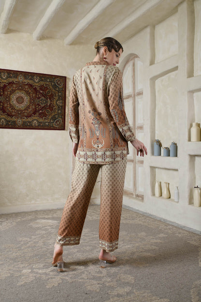 THE BARI Ethnic Motifs Printed Shirt Collar Kurta With Trousers