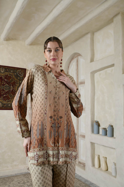 THE BARI Ethnic Motifs Printed Shirt Collar Kurta With Trousers