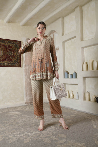 THE BARI Ethnic Motifs Printed Shirt Collar Kurta With Trousers