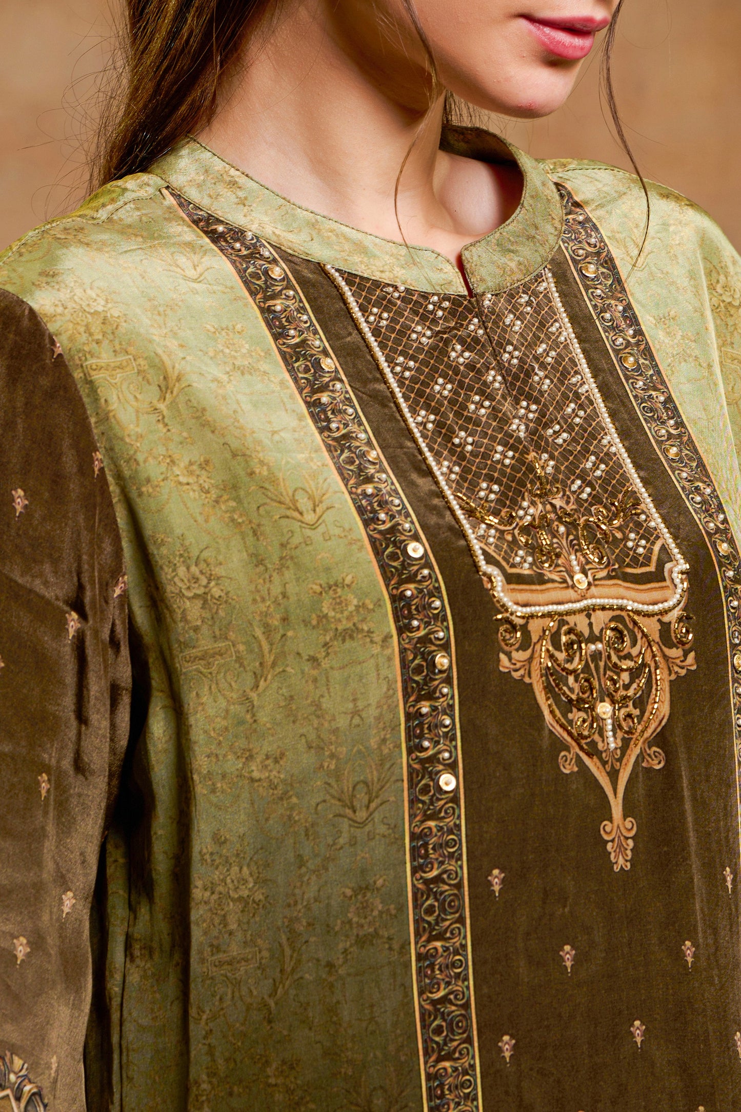 THE BARI Ethnic Motifs Printed Straight Beads And Stones Kurta With Trousers & Dupatta