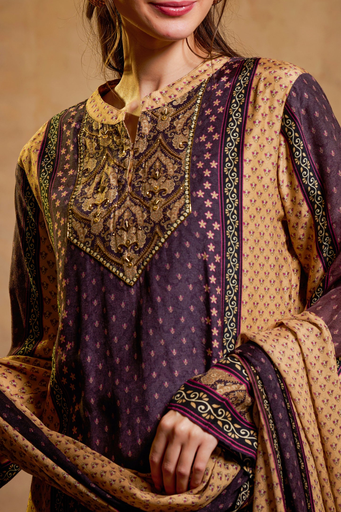 THE BARI Ethnic Motifs Printed Straight Beads And Stones Kurta With Trousers & Dupatta