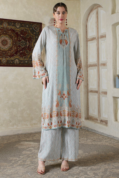 THE BARI Women Paisley Printed V Neck Pure Silk Kurta with Trousers & Dupatta