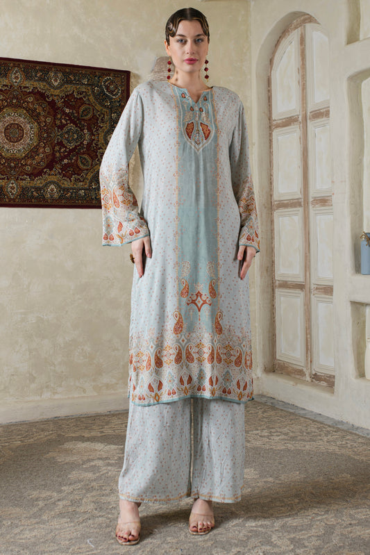 THE BARI Women Paisley Printed V Neck Pure Silk Kurta with Trousers & Dupatta