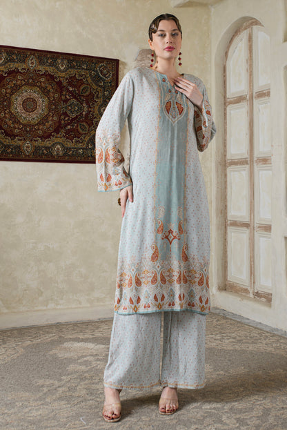 THE BARI Women Paisley Printed V Neck Pure Silk Kurta with Trousers & Dupatta