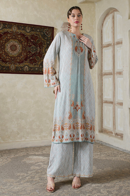 THE BARI Women Paisley Printed V Neck Pure Silk Kurta with Trousers & Dupatta