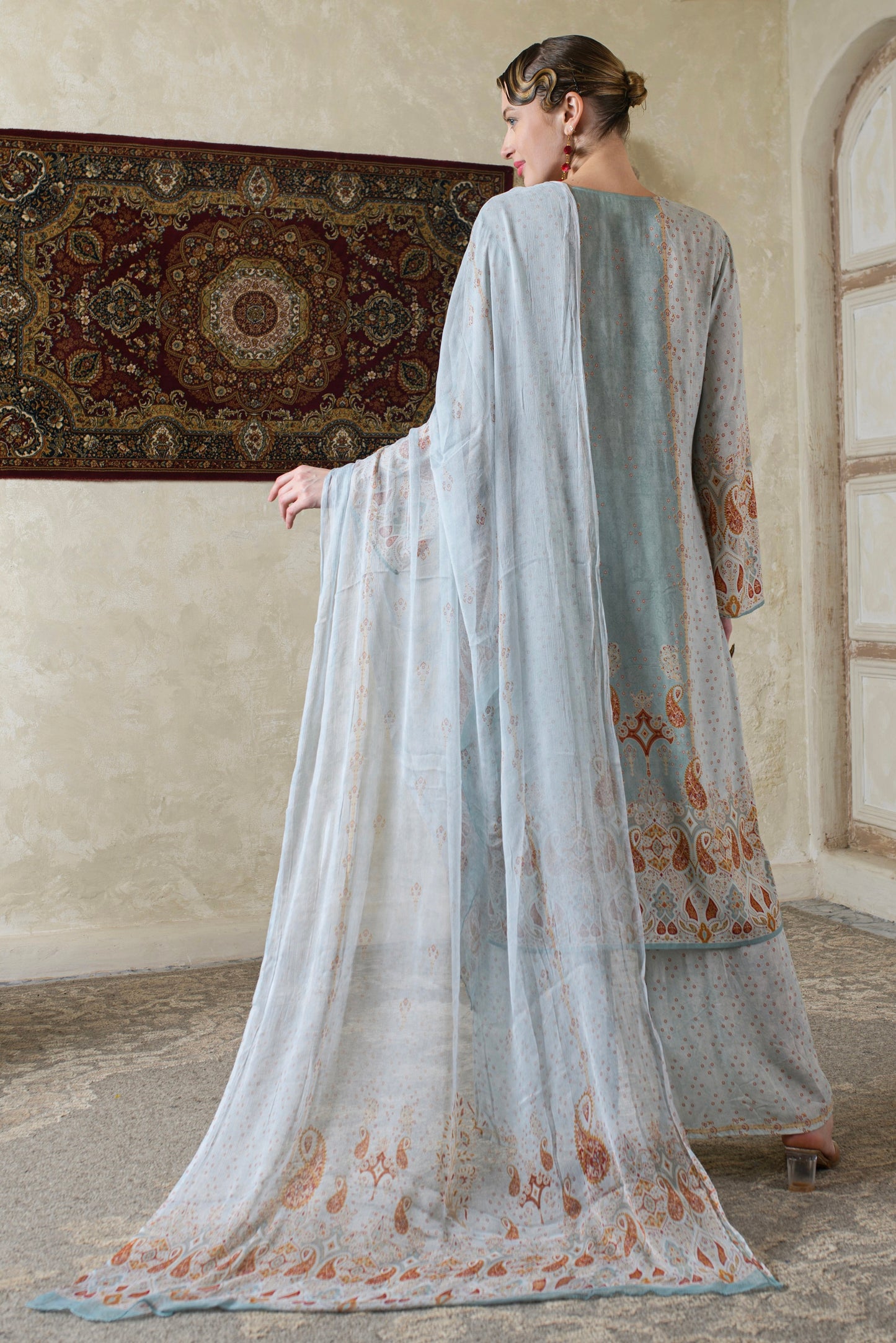 THE BARI Women Paisley Printed V Neck Pure Silk Kurta with Trousers & Dupatta