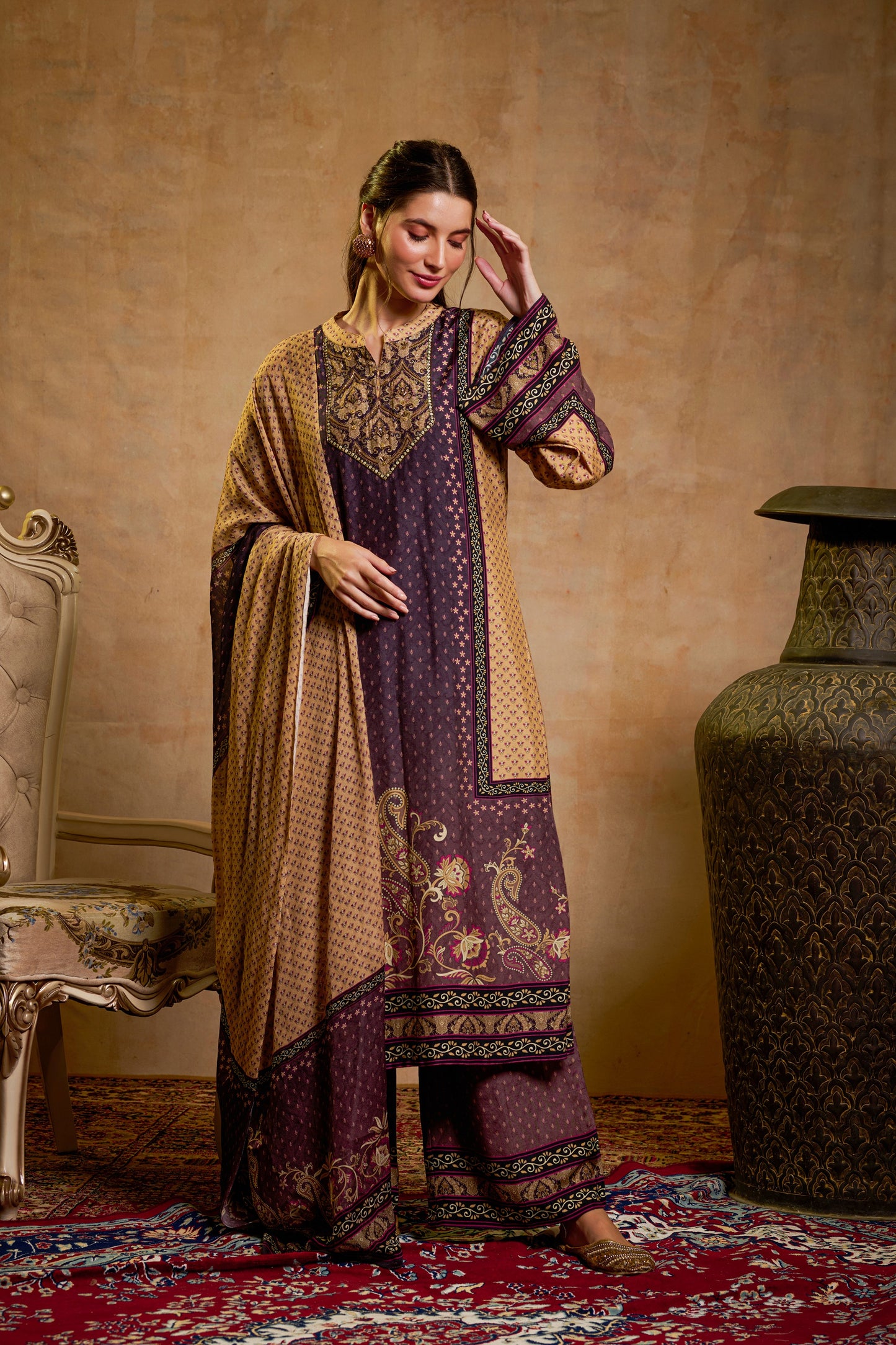 THE BARI Ethnic Motifs Printed Straight Beads And Stones Kurta With Trousers & Dupatta