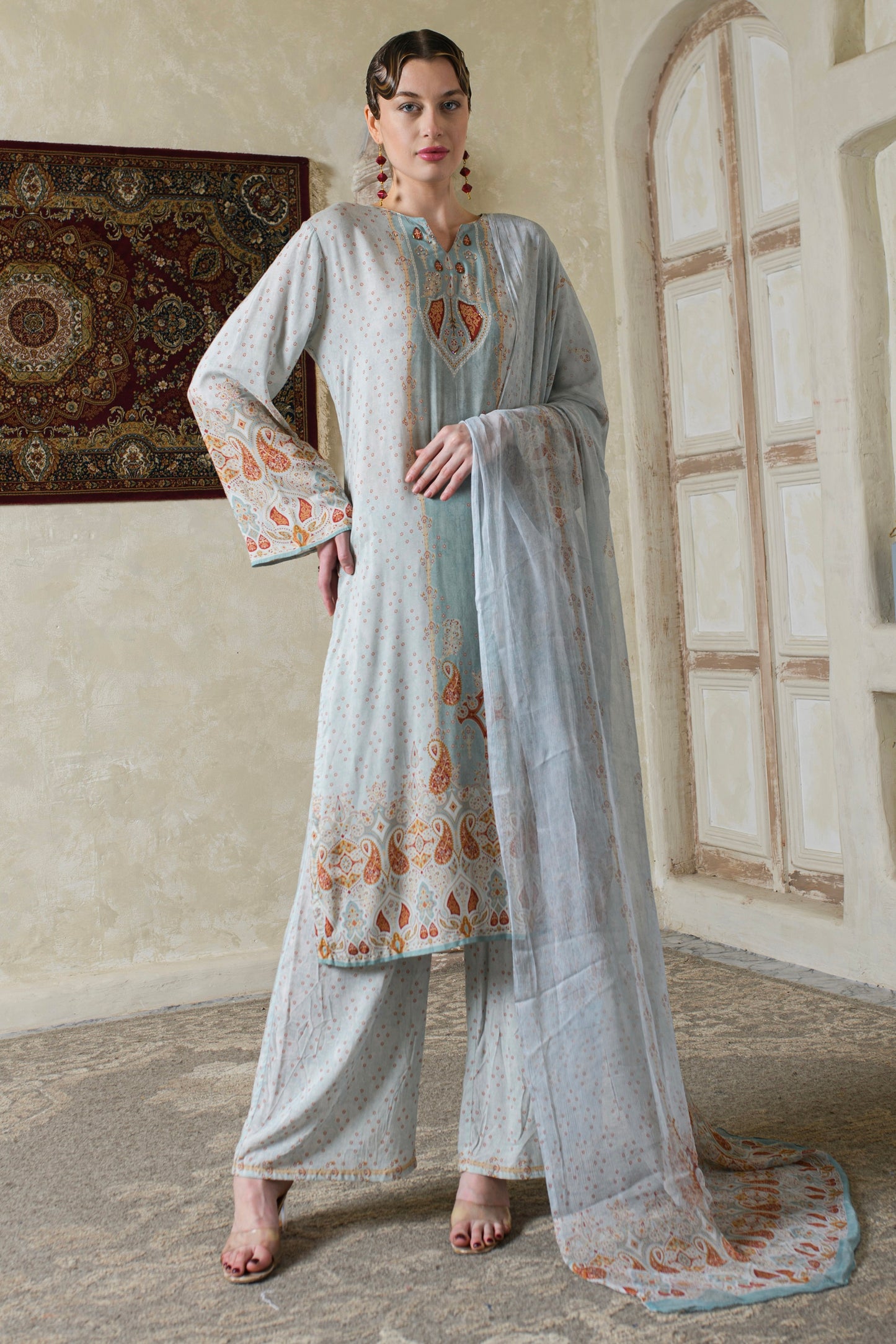 THE BARI Women Paisley Printed V Neck Pure Silk Kurta with Trousers & Dupatta