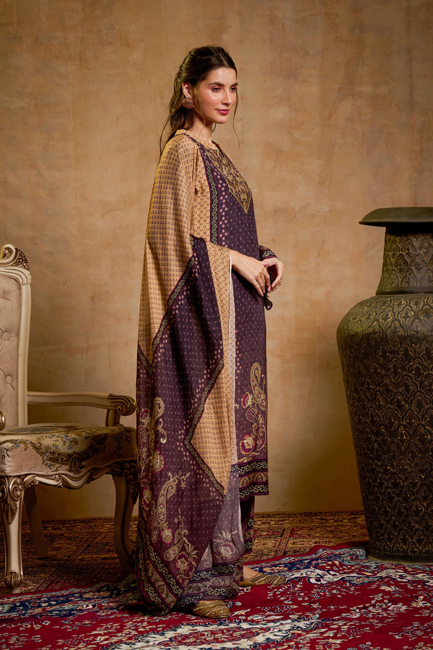 THE BARI Ethnic Motifs Printed Straight Beads And Stones Kurta With Trousers & Dupatta